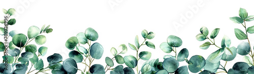 Delicate border design of green and eucalyptus leaves in watercolor style, creates a serene and natural ambiance, isolated on transparent or white background