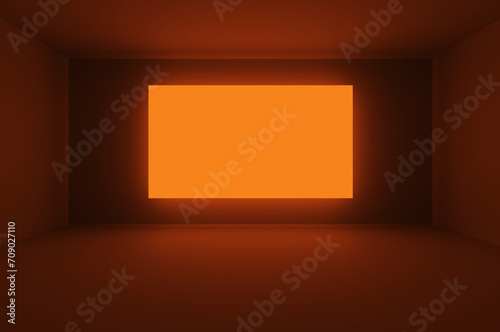 Front view full frame of empty room with orange neon display. 3d rendering illustration.