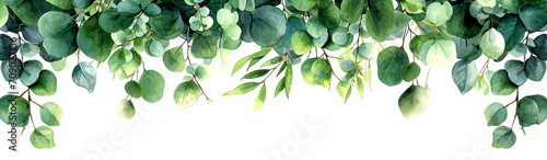 Watercolor illustration of green eucalyptus leaves forming a delicate, airy border, isolated on transparent or white background photo