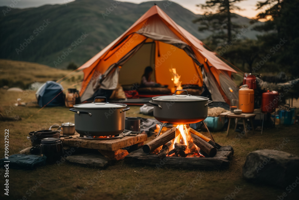 Camping set up with cooking pots Camping set up with cooking pots