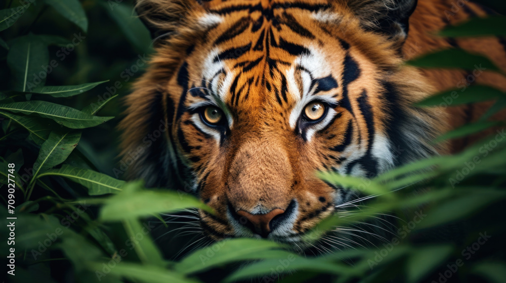 The intense gaze of a majestic tiger peering through lush green foliage, capturing the wild essence of this magnificent creature.