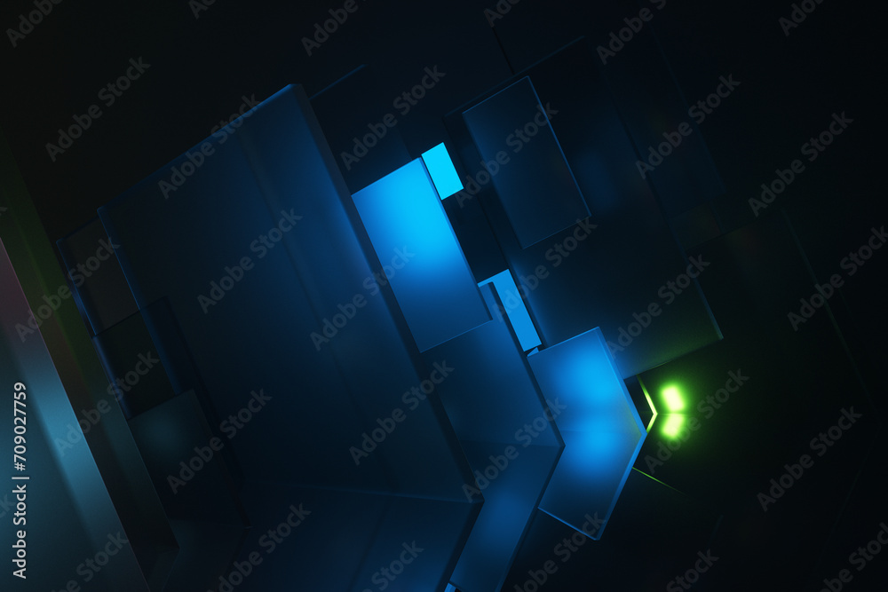 Obraz premium Abstract futuristic concept made of neon color displays and layers of glass in a dark room. 3d rendering illustration.
