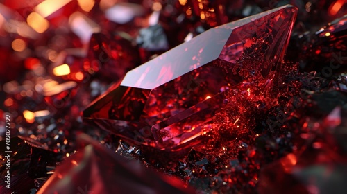 A deep garnet red crystal faceted texture in a 3D render, resembling a mysterious abyss.