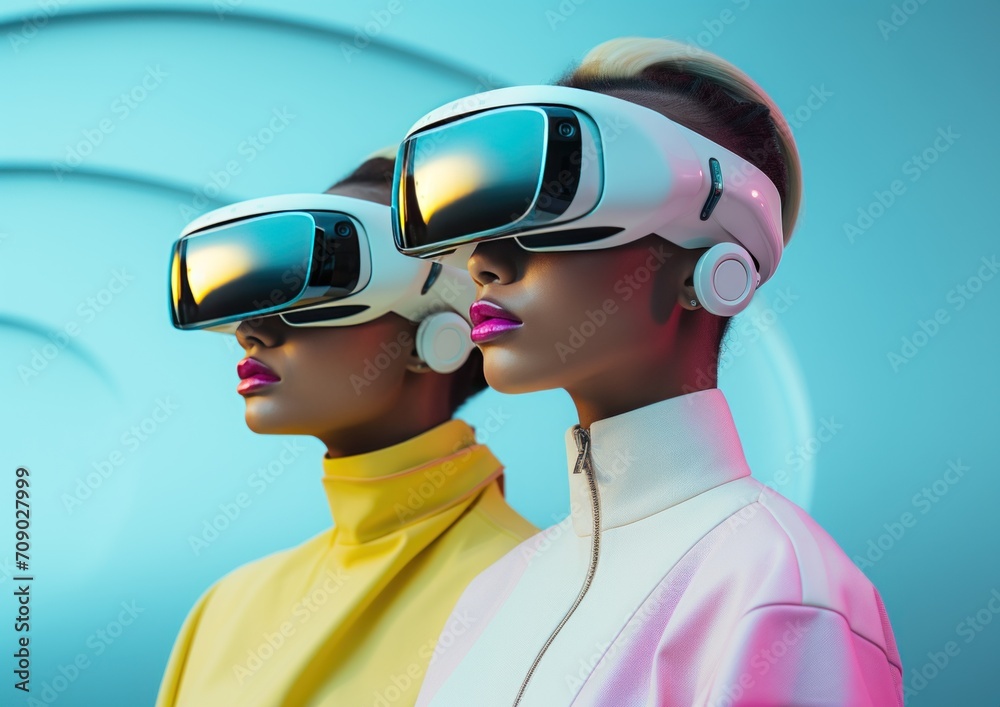 people wearing futuristic high tech virtual reality glasses, vr headset