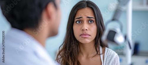 Skeptical Hispanic woman at physiotherapist appointment appears upset and negative due to a problem.