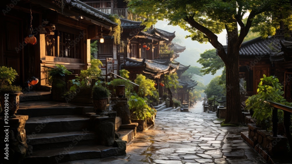 Fototapeta premium Ancient buildings, eaves, ancient lamps, tranquility, buildings, copper rings