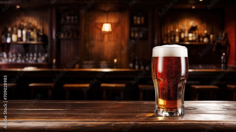 A refreshing pint of beer on a wooden bar counter with a softly focused background of a classic bar setting. A refreshing pint of beer on a wooden bar counter with a softly focused background of a classic bar setting.