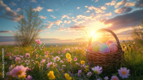Basket with easter eggs in field full of colorful wild flowers. Easter and spring concept