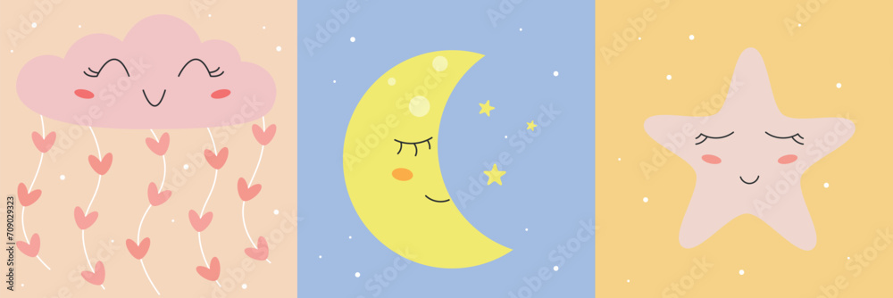 Cartoon set of sleep, clouds, months and stars, cute cloud
