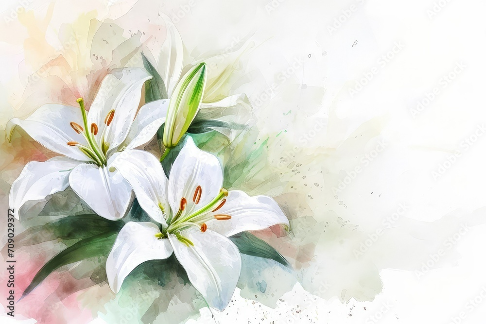 A blooming branch of  white lily flower background, watercolor, copy space.