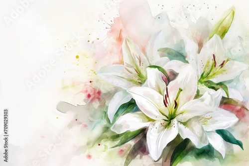 A blooming branch of  white lily flower background  watercolor  copy space.