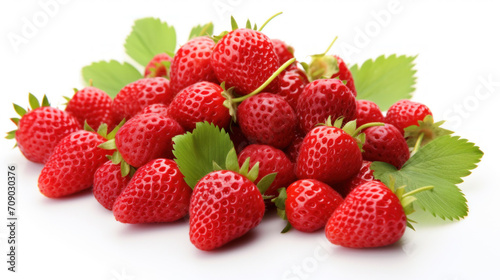 A heap of ripe, red strawberries with fresh green leaves, capturing the essence of summer freshness and natural sweetness.