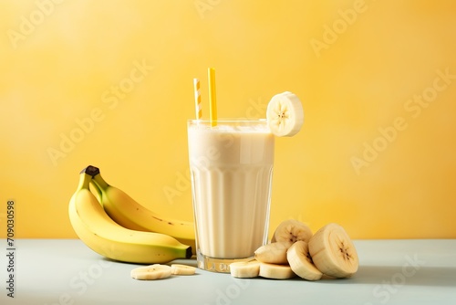 banana and juice on yellow background