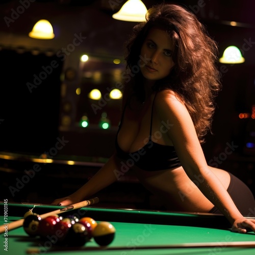 Woman posing in a billiards table