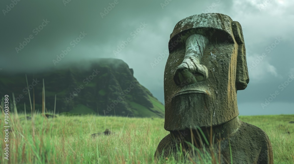 Easter island. Mysterious stone in shape of face. Ancient rock statue. Nature park. Old historical monument. Human head sculpture. History concept. Easter island. Mysterious stone in shape of face. Ancient rock statue. Nature park. Old historical monument. Human head sculpture. History concept.