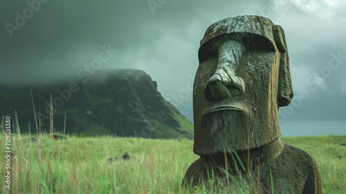 Easter island. Mysterious stone in shape of face. Ancient rock statue. Nature park. Old historical monument. Human head sculpture. History concept.