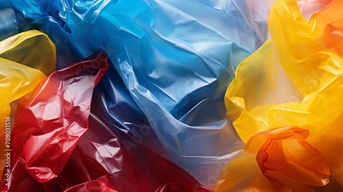 Vibrant trash bags. top view flat layout for creative background design with colorful elements.