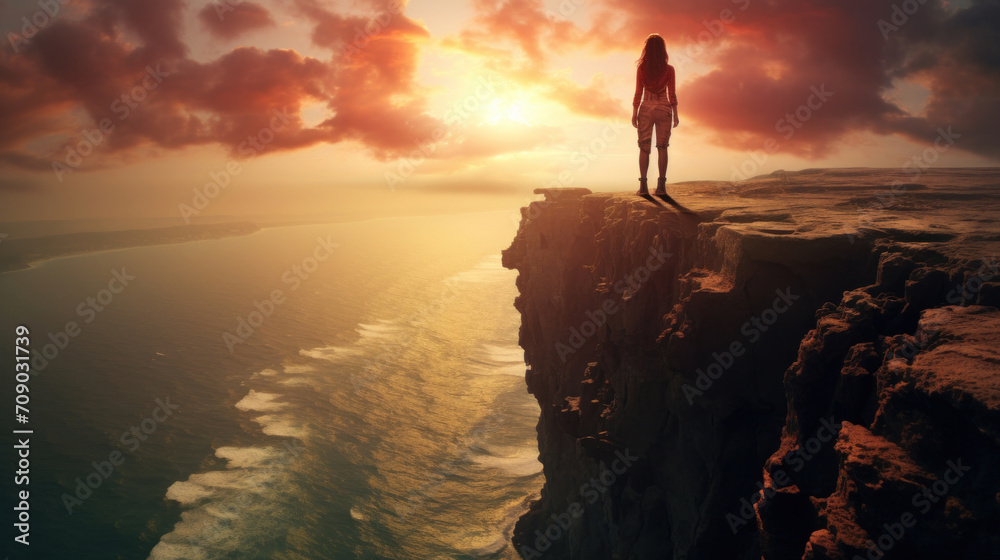 A solitary woman stands on a cliff edge, overlooking a vast ocean at sunset, contemplating nature's grandeur. A solitary woman stands on a cliff edge, overlooking a vast ocean at sunset, contemplating nature's grandeur.