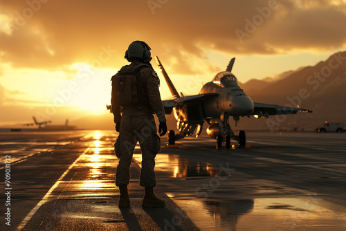 Military fighter pilot. Military pilot and aircraft at the airfield in mission standby mode. Military concept. sunset light photo