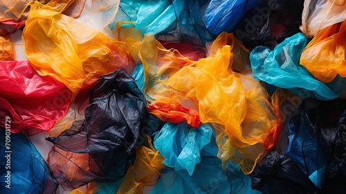 Vibrant trash bags. top view flat layout for creative background design with colorful elements.