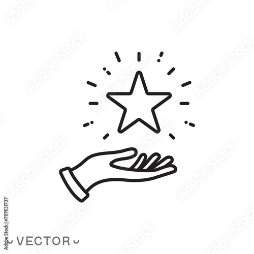 star on the hand icon, outline high reward, status good quality, star shine, thin line symbol isolated on white background, editable stroke eps 10 vector illustration