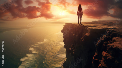 A solitary woman stands on a cliff edge, overlooking a vast ocean at sunset, contemplating nature's grandeur.