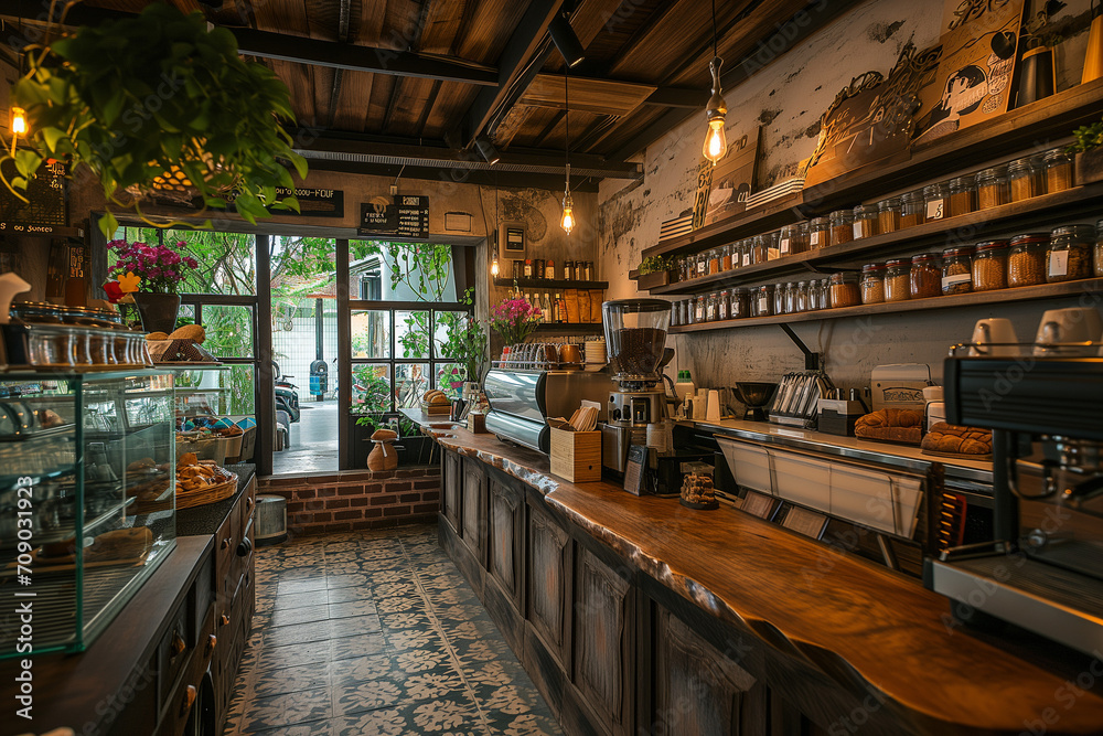 Modern interior of a coffee shop with a loft style in dark colors and a lot of plants. Coffee shop. Business concept.