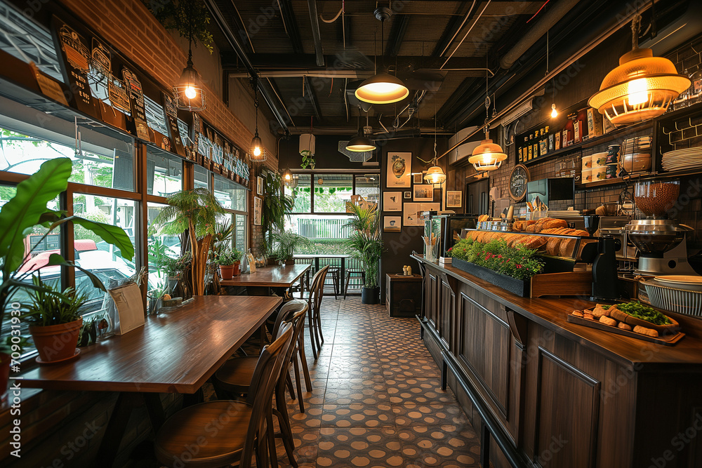 Modern interior of a coffee shop with a loft style in dark colors and a lot of plants. Coffee shop. Business concept.