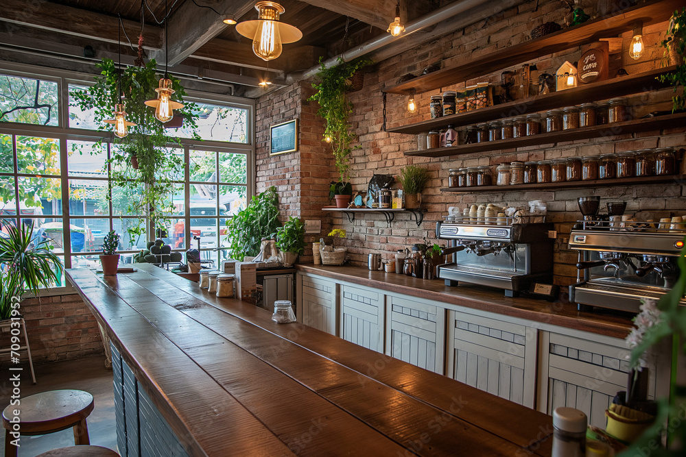 Modern interior of a coffee shop with a loft style in dark colors and a lot of plants. Coffee shop. Business concept.