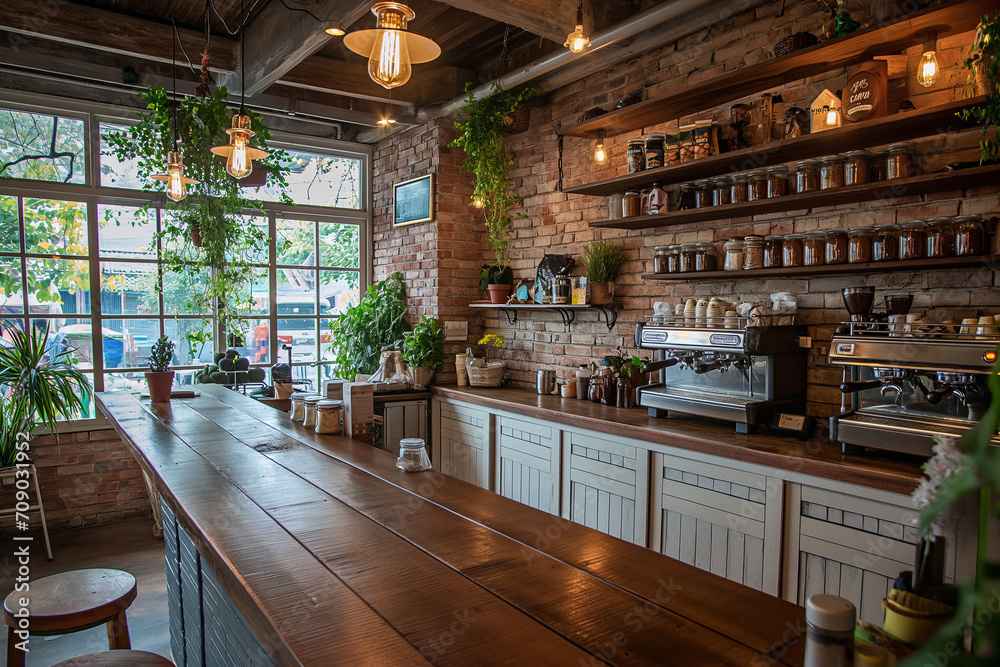 Modern interior of a coffee shop with a loft style in dark colors and a lot of plants. Coffee shop. Business concept. Modern interior of a coffee shop with a loft style in dark colors and a lot of plants. Coffee shop. Business concept.