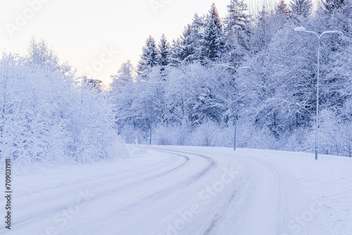 Fototapeta Naklejka Na Ścianę i Meble -  Winter evening forest with road covered with snow