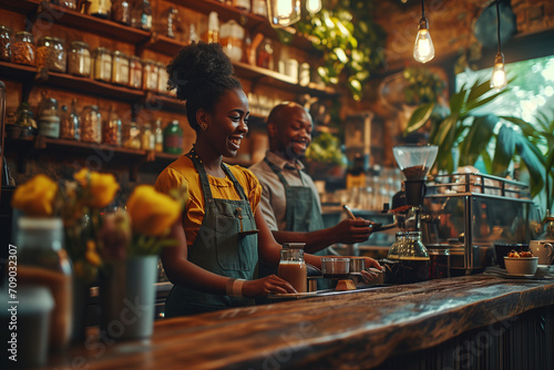 A barista prepares coffee against the backdrop of a modern coffee shop interior with a loft style in dark colors and a lot of plants. Coffee shop. Business concept.