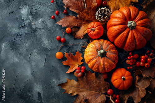 Concept composition for Thanksgiving Day made of autumn leaves and pumpkins on a dark background. Autumn background. Flat lay, top view with copy space. Mockup