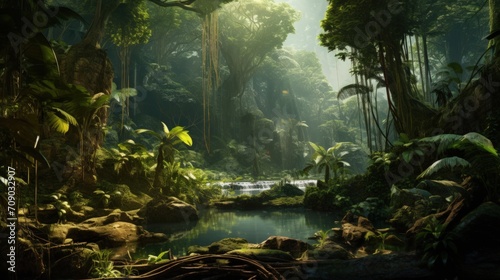 Deep tropical jungle river with foggy sun rays view in the morning. Generate AI image