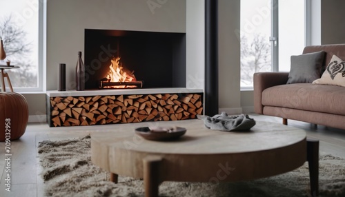 Interior design of a modern Scandinavian-style living room with fireplaces photo