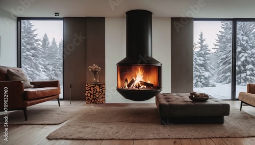 Interior design of a modern Scandinavian-style living room with fireplaces photo