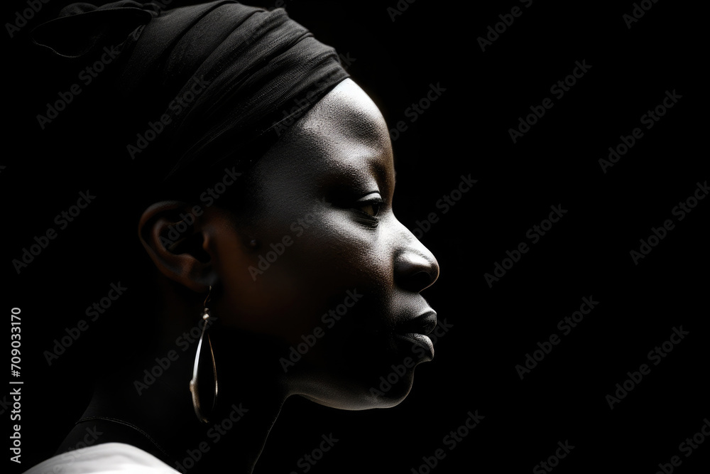 Closeup view of the head profile of an african woman. Dark background, studio portrait Closeup view of the head profile of an african woman. Dark background, studio portrait