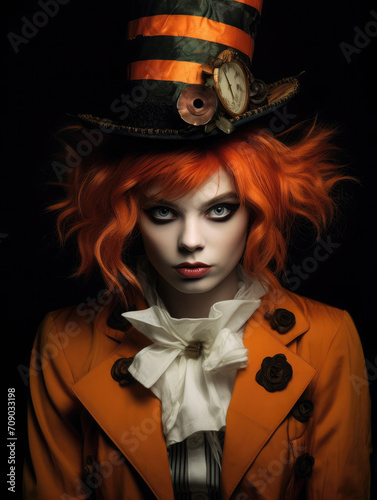 Portrait of a woman in a Mad Hatter costume and make-up on a dark background 