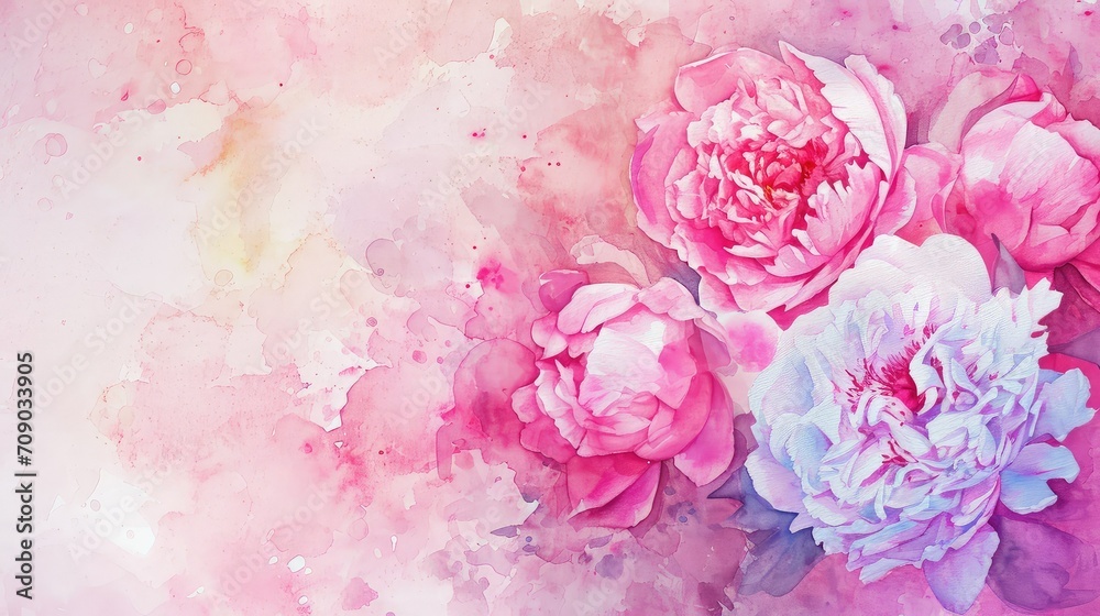 A bouquet of pink peonies watercolor background, copy space.