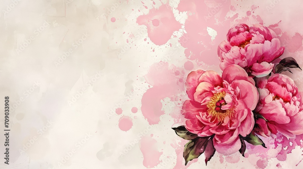 A bouquet of pink peonies watercolor background, copy space.