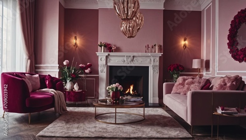 interior design of a modern living room for lovers, interior of a room for Valentine's day, living room in pink and red tones photo