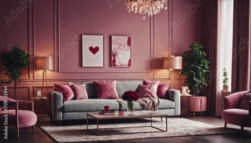 interior design of a modern living room for lovers, interior of a room for Valentine's day, living room in pink and red tones photo