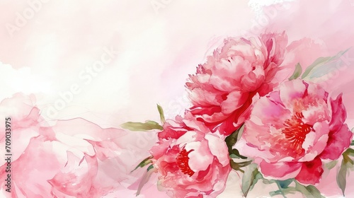 Beautiful pink peonies roses on watercolor background with copy space.