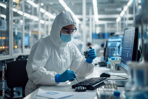 Young scientists conduct research in a medical laboratory, a researcher uses a microscope. Laboratory research concept. Biochemical Research Group. Scientist doing tests