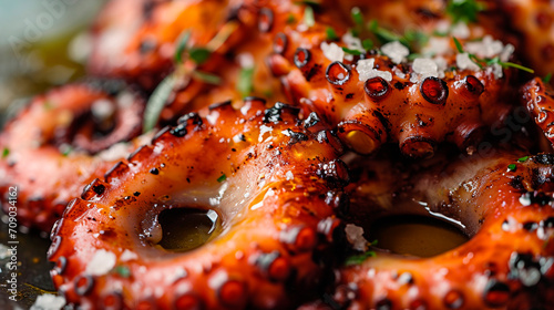 Fried octopus tentacles on a plate. Selective focus.