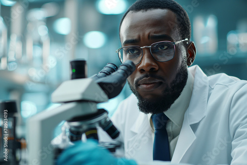 Young scientists conduct research in a medical laboratory, a researcher uses a microscope. Laboratory research concept. Biochemical Research Group. Scientist doing tests