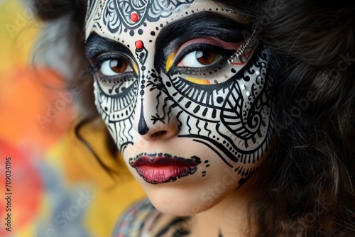 female face painting portrait  dark  white and colourful complexions. expressive eyes and lips  reminiscent of henna