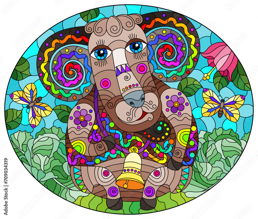 An illustration in the style of a stained glass window with a cute cartoon ram on the background of a meadow, bell flowers and a blue sky, oval image An illustration in the style of a stained glass window with a cute cartoon ram on the background of a meadow, bell flowers and a blue sky, oval image