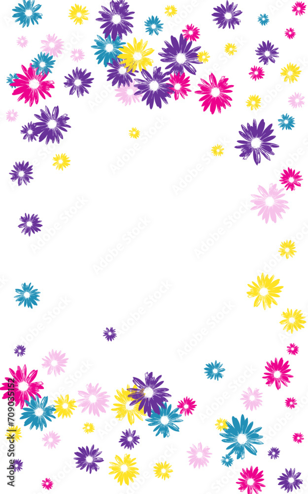 Blue Flowers Background White Vector. Daisy Summer Card. Purple Chamomile Retro. Style Illustration. Element Yellow Floral.