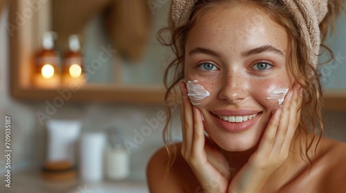 An attractive young woman applies a moisturizing anti-aging cream to her face in front of a bathroom mirror photo